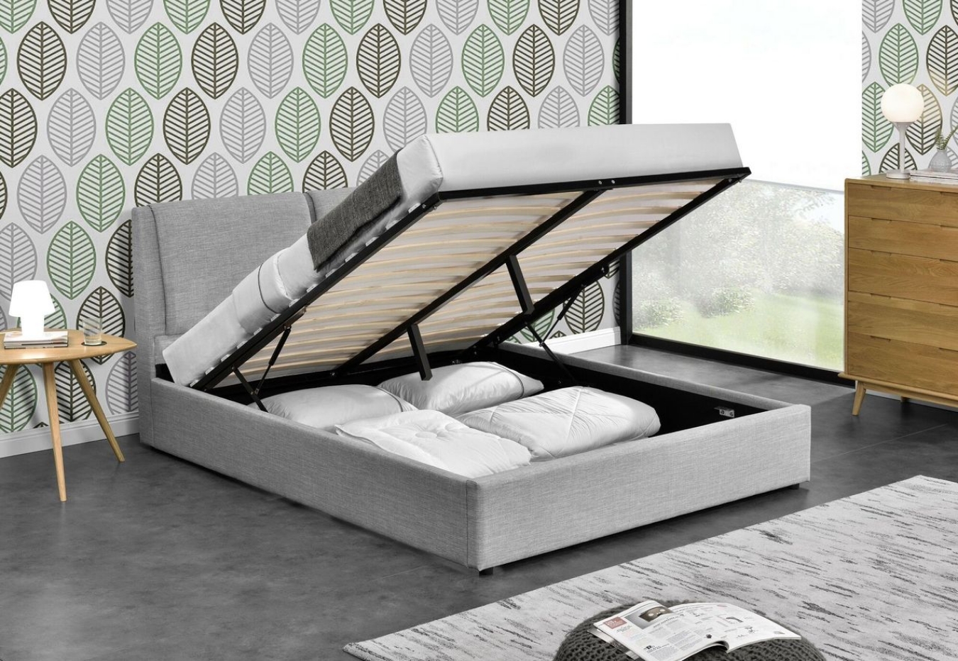 The Rebecca Light Grey Fabric Gas Lift Storage Collection bed frame features Australian inspired furniture engineering.